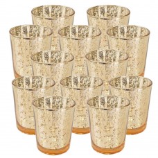 Just Artifacts  Mercury Glass Votive Candle Holder 3"H (Set of 12) Speckled Gold- Mercury Glass Votive Tealight Candle Holders for Weddings, Parties and Home Decor   